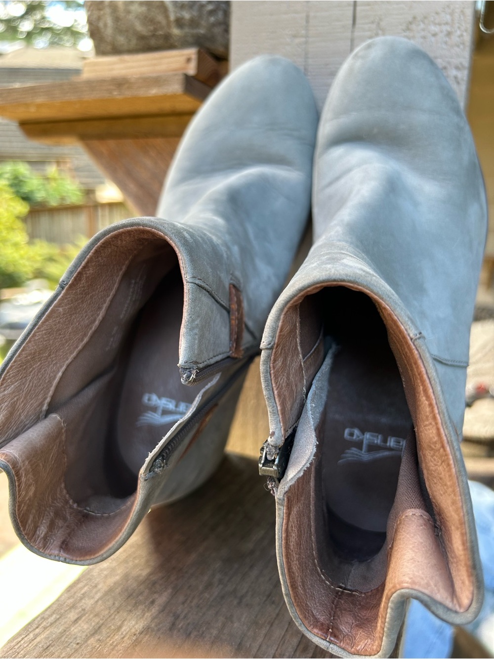 Dansko Gray Suede Ankle Boots with Brown Trim